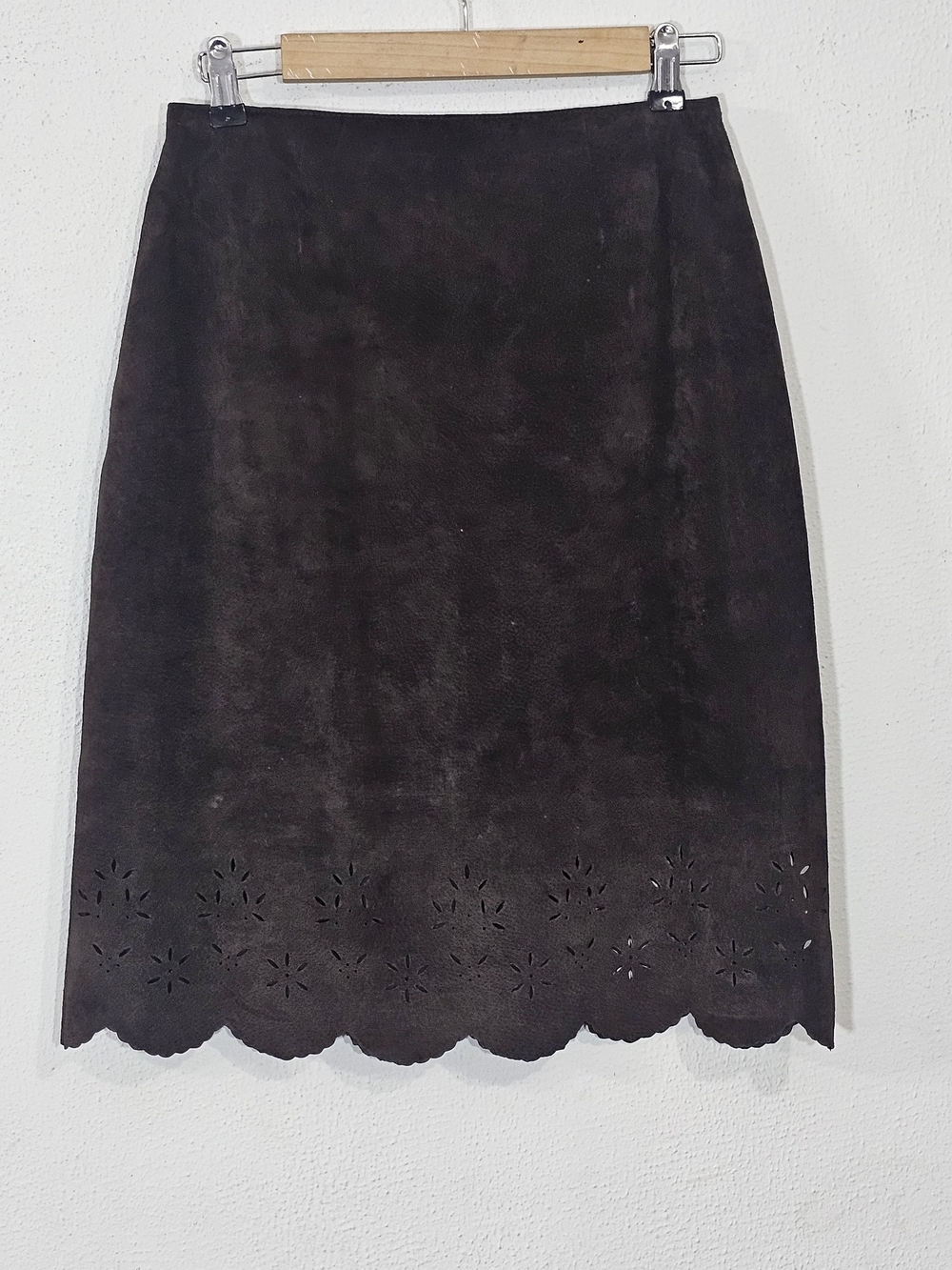 Siena Studio Classic Dark Brown Suede Scalloped Hem Skirt